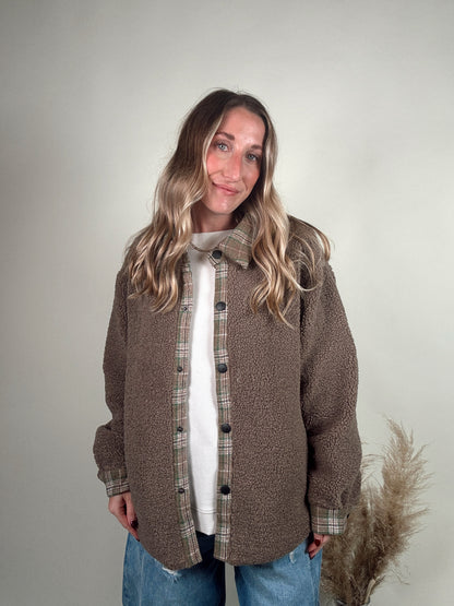 Plaid Contrast Sherpa Button Down Shacket