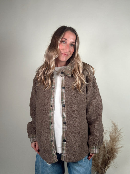Plaid Contrast Sherpa Button Down Shacket
