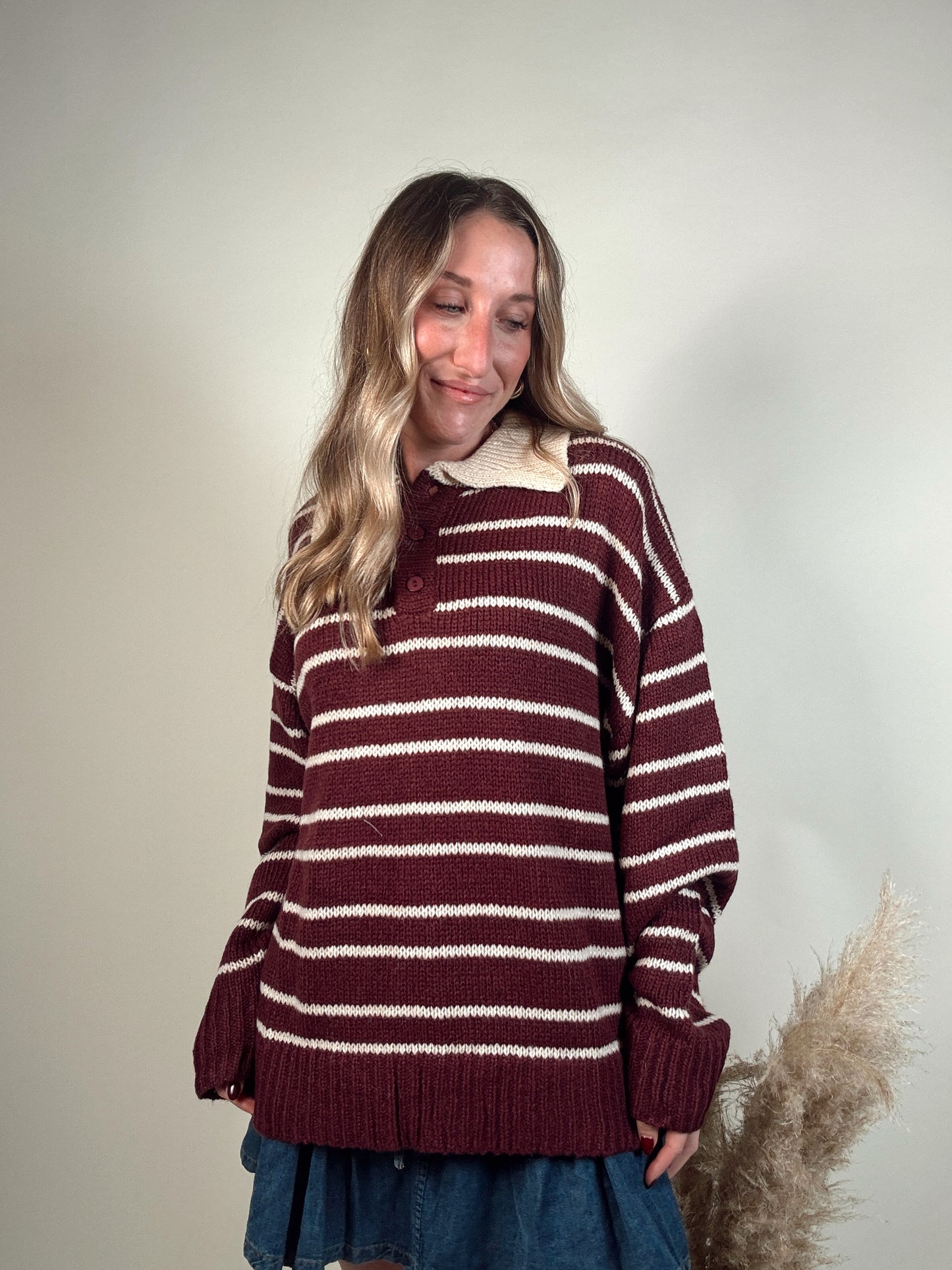 Stripe Polo Sweater - Burgundy