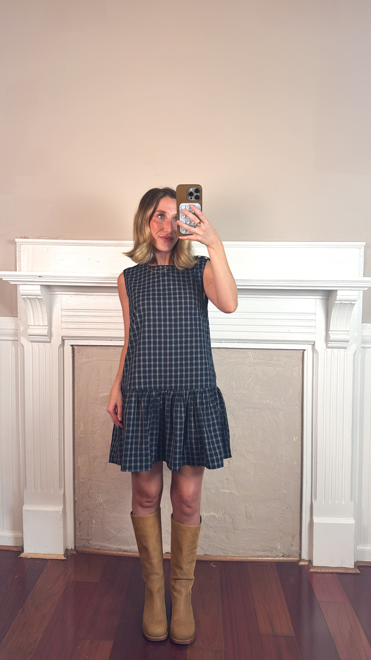 Plaid Button Back Peplum Mini Dress