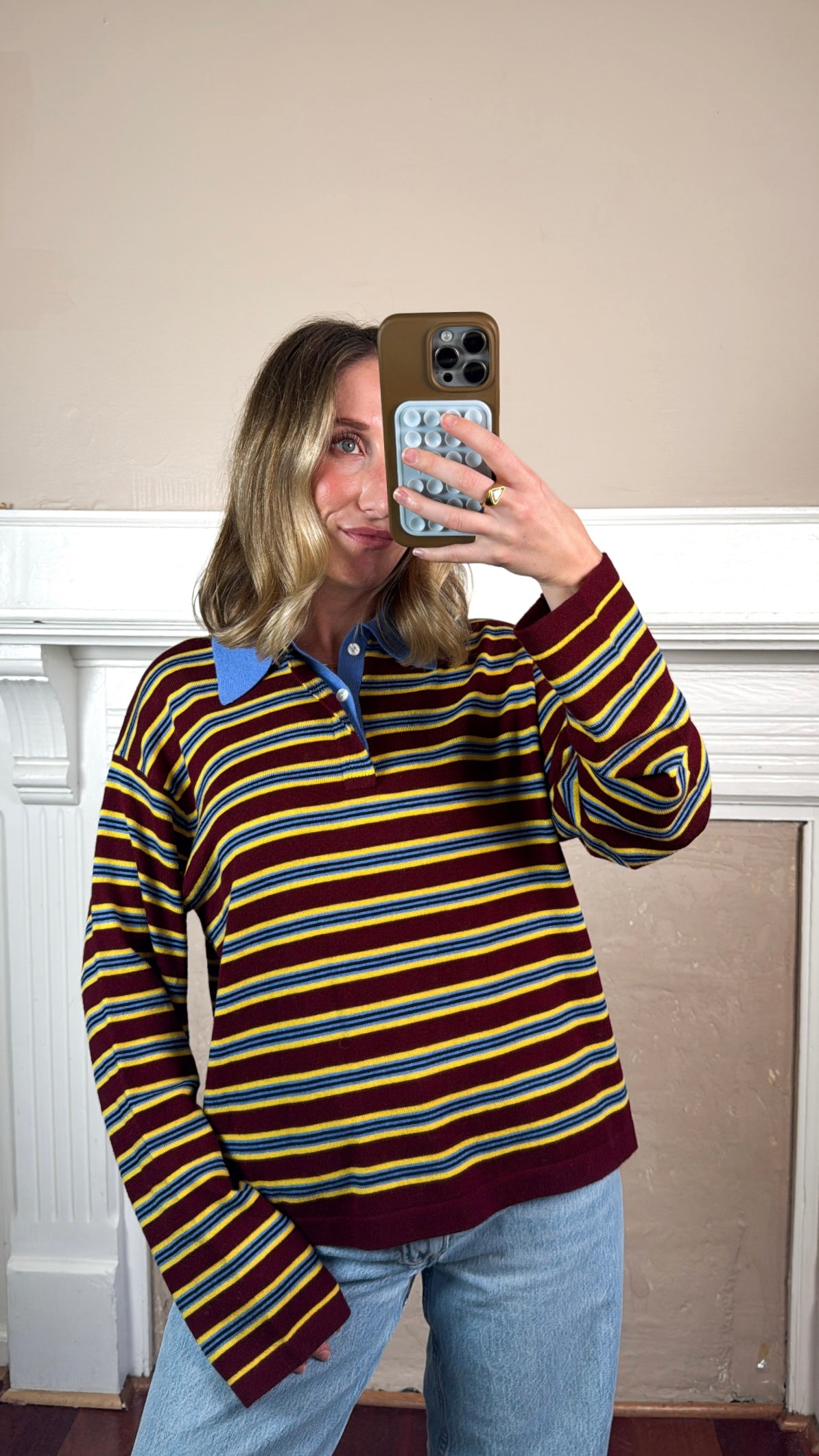 Lena Stripe Collared Knit Top - Burgundy/Blue