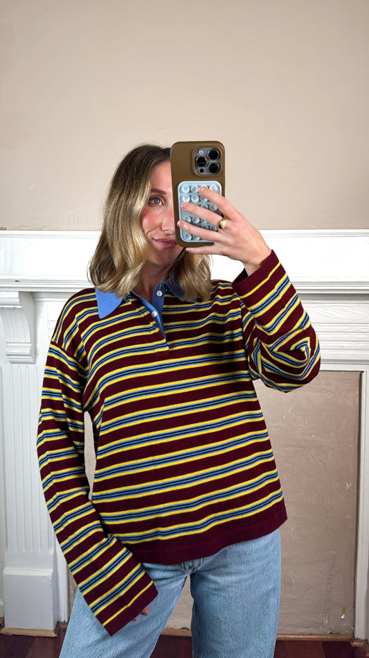Lena Stripe Collared Knit Top - Burgundy/Blue