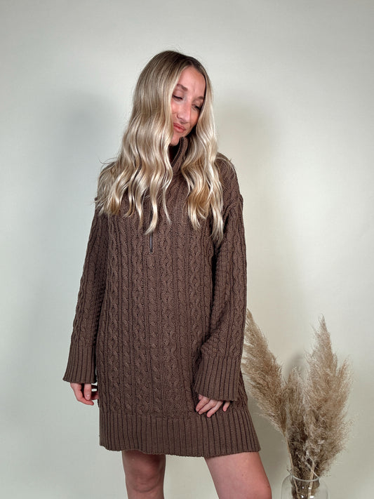 Cable-Knit Mini Sweater Dress - Brown