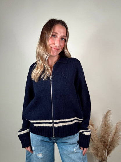 Varsity Zip-Up Knit Jacket - No.8 Navy Blue