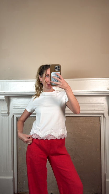 Lace Trim Short Sleeve Tee - White