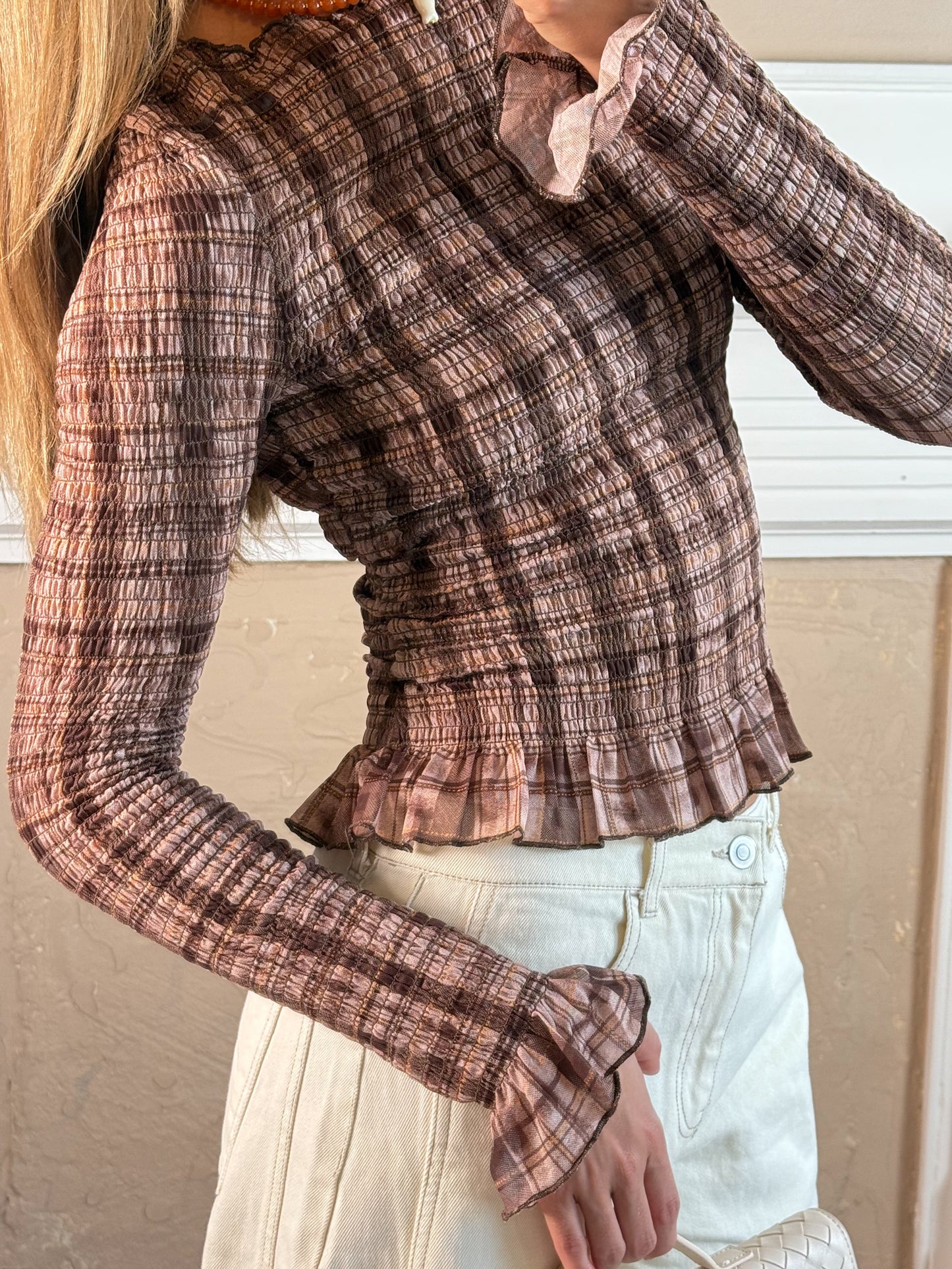 Plaid Knit Shirred Pullover