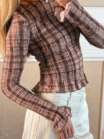 Plaid Knit Shirred Pullover