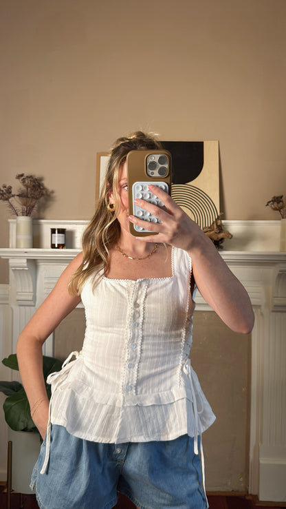 Lace-Trim Button-Front Peplum Top