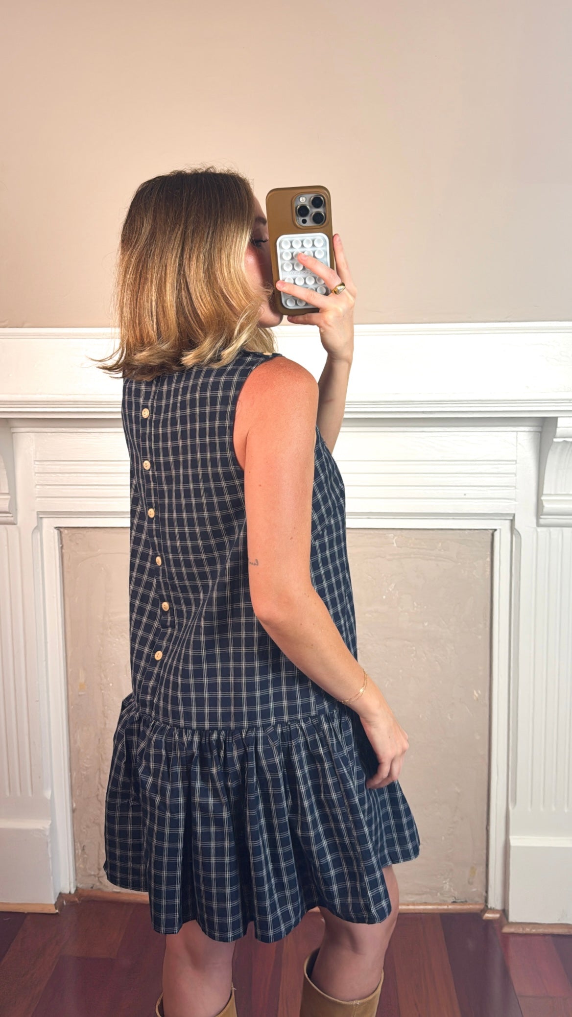 Plaid Button Back Peplum Mini Dress