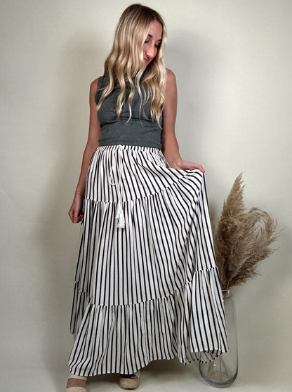 Stripe Tiered Midi Skirt - Black