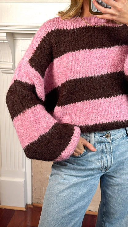 Puff Sleeve Striped Fuzzy Sweater Top - Pink