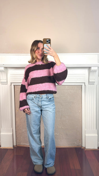 Puff Sleeve Striped Fuzzy Sweater Top - Pink