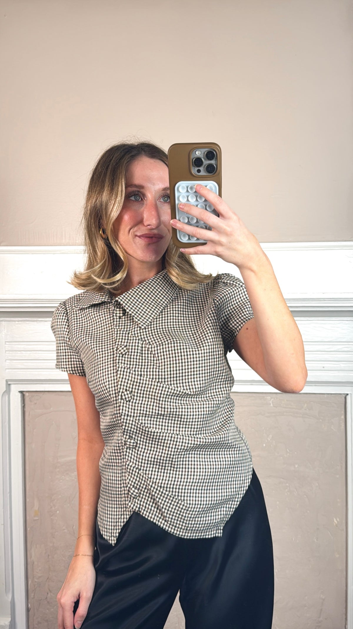 Asymmetric Collar Plaid Top