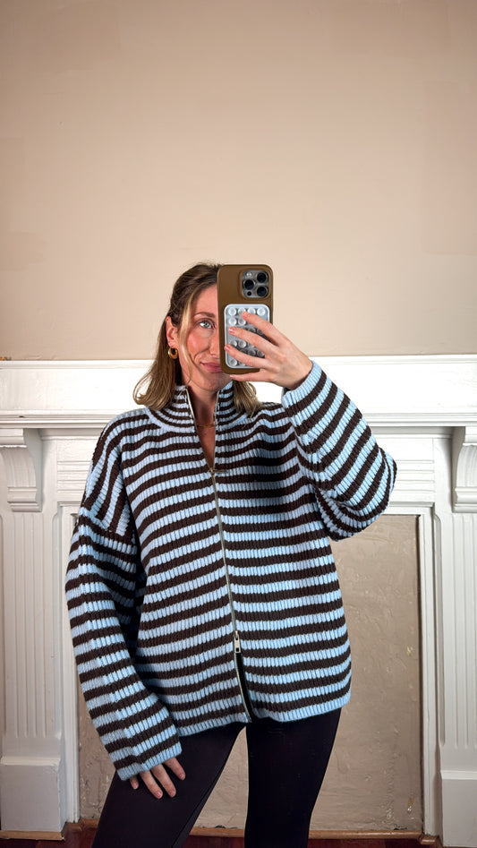 Zane Striped Mocked Neck Zip Up Jacket