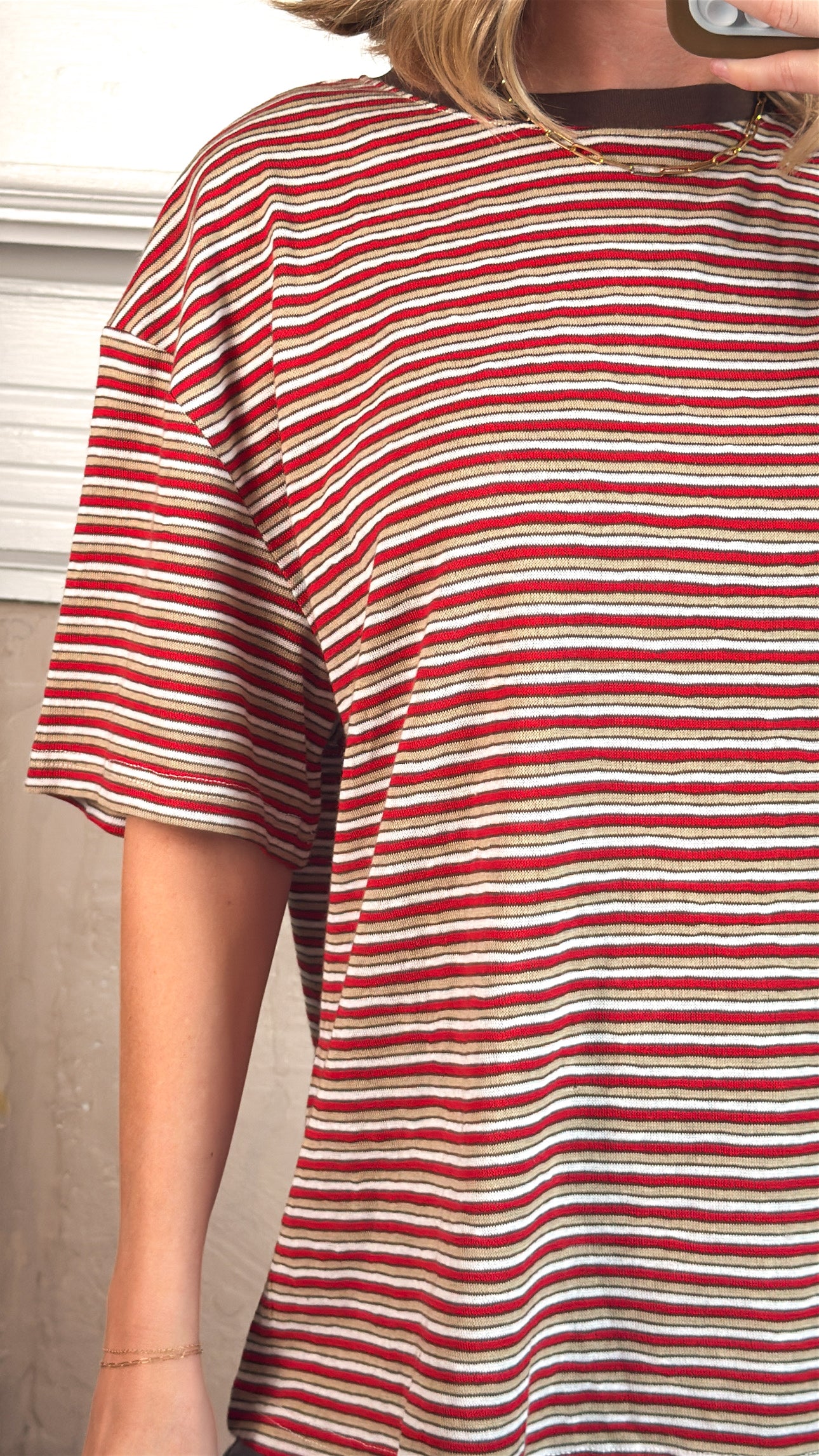 Pia Striped Oversized Tee - Red/Tan/White