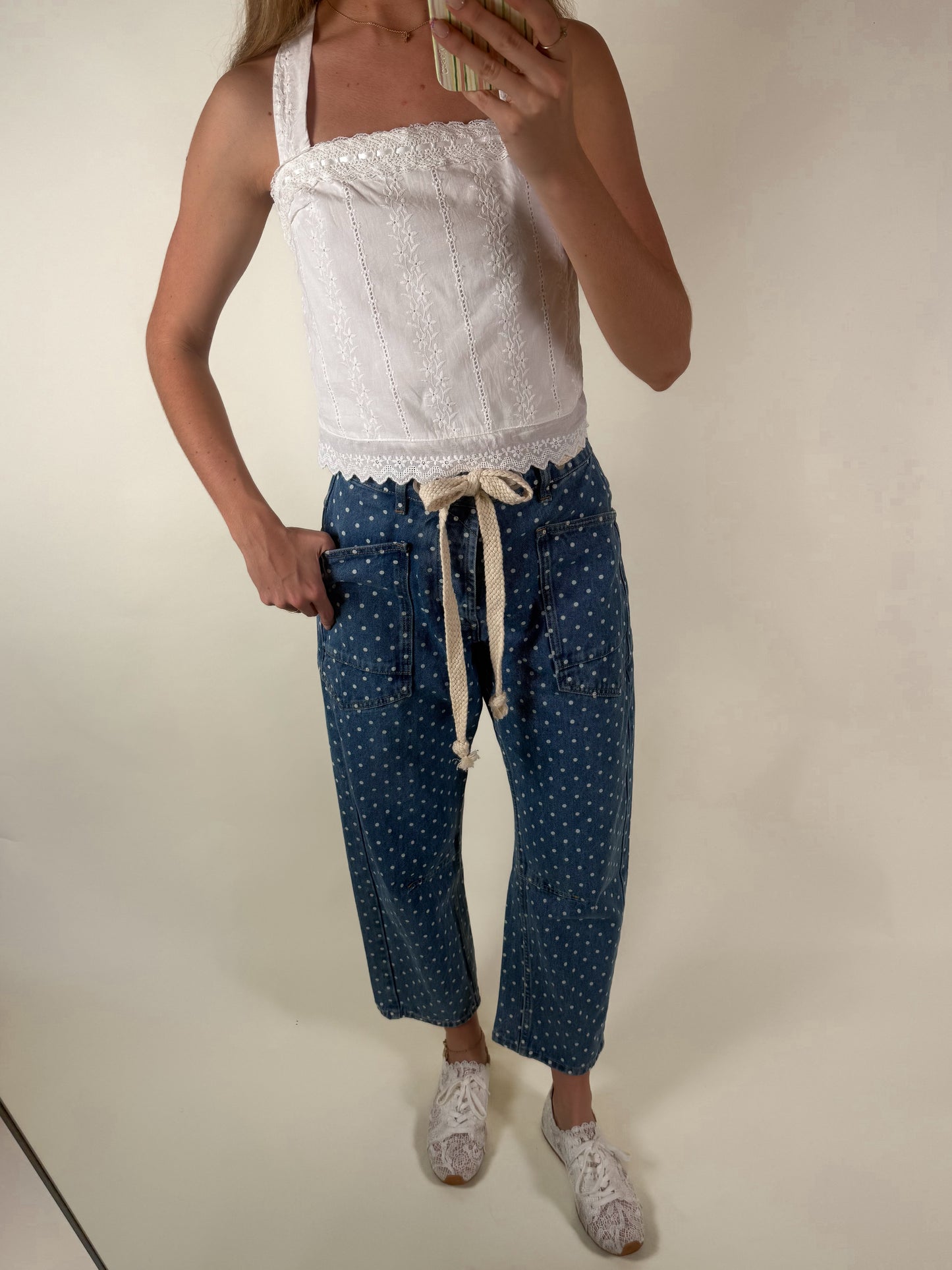 Polka Dot Denim Barrel Pants