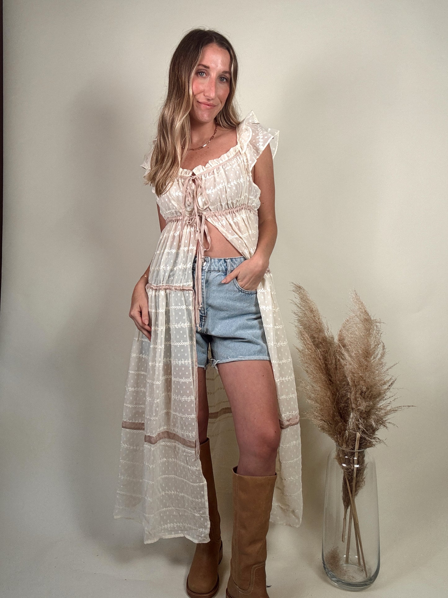 Aristelle Sheer Front Tie Maxi Blouse