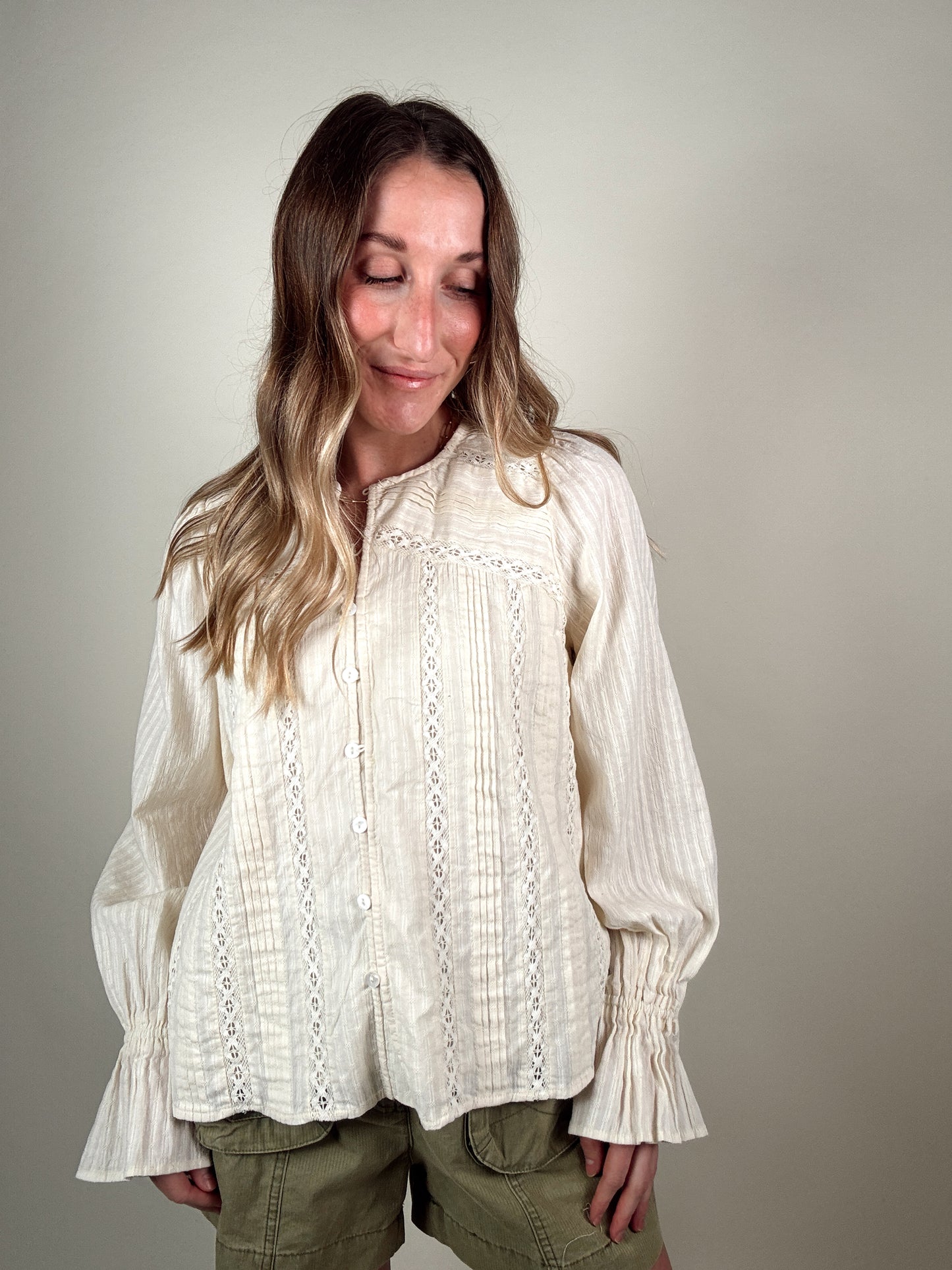 Lace Pintuck Detail Button Blouse