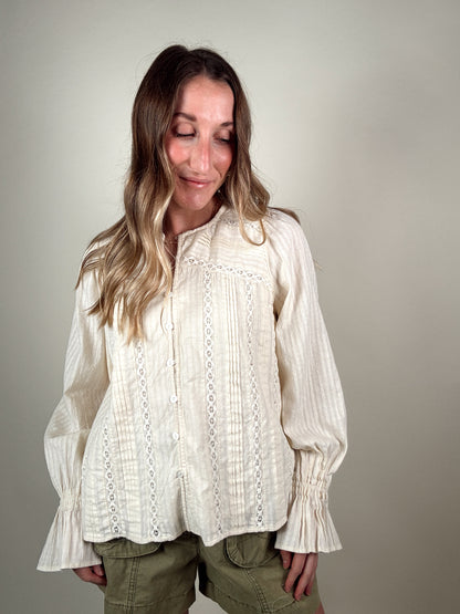 Lace Pintuck Detail Button Blouse