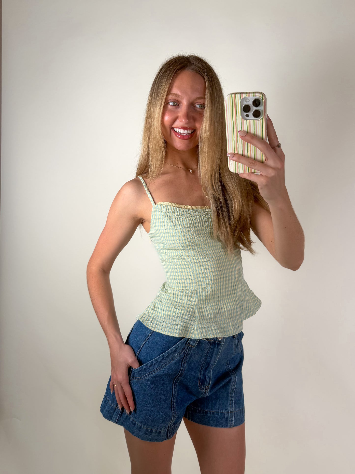 Elina Gingham Peplum Cami Top