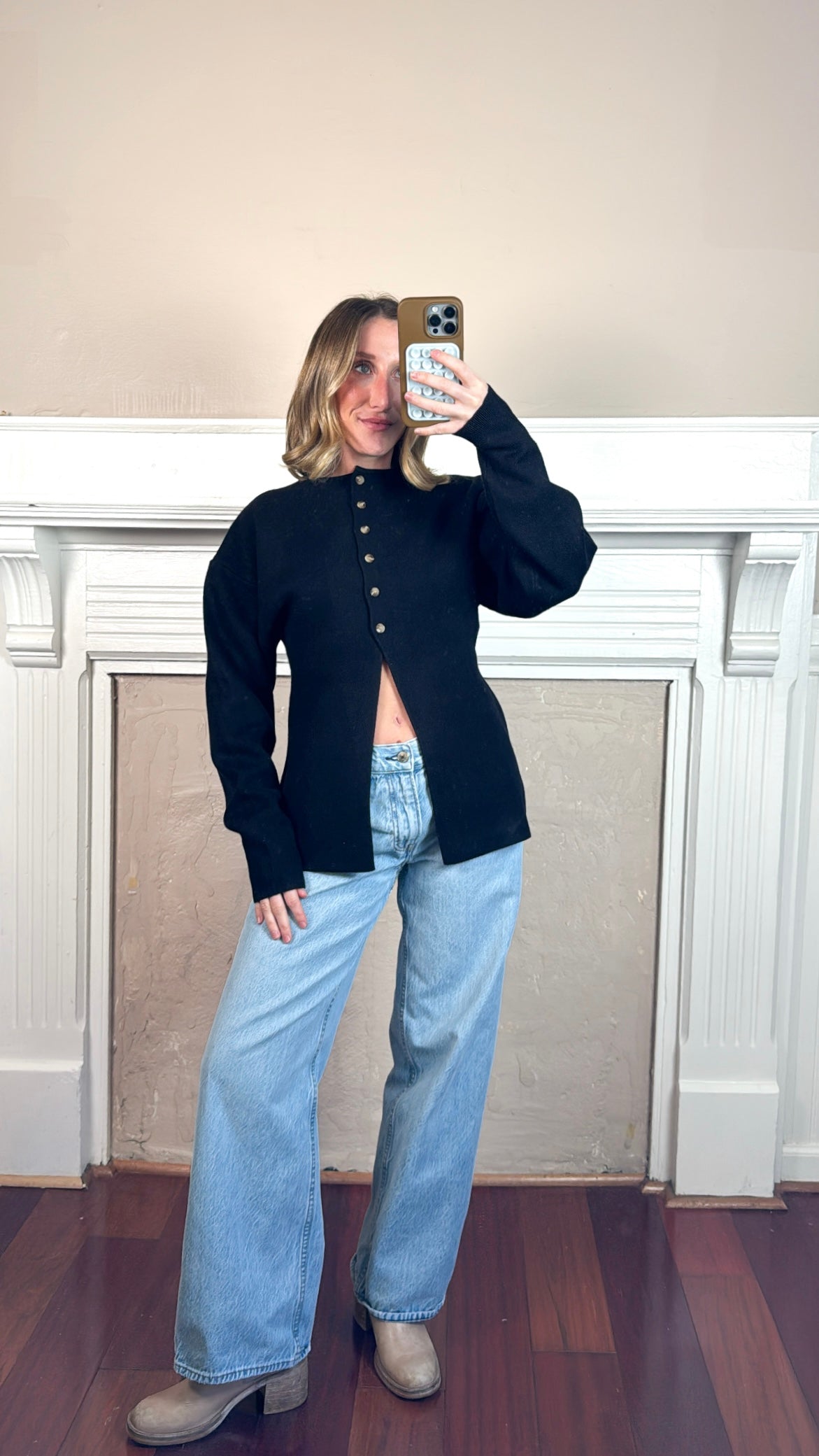 Cara Button Front Peplum Sweater - Black