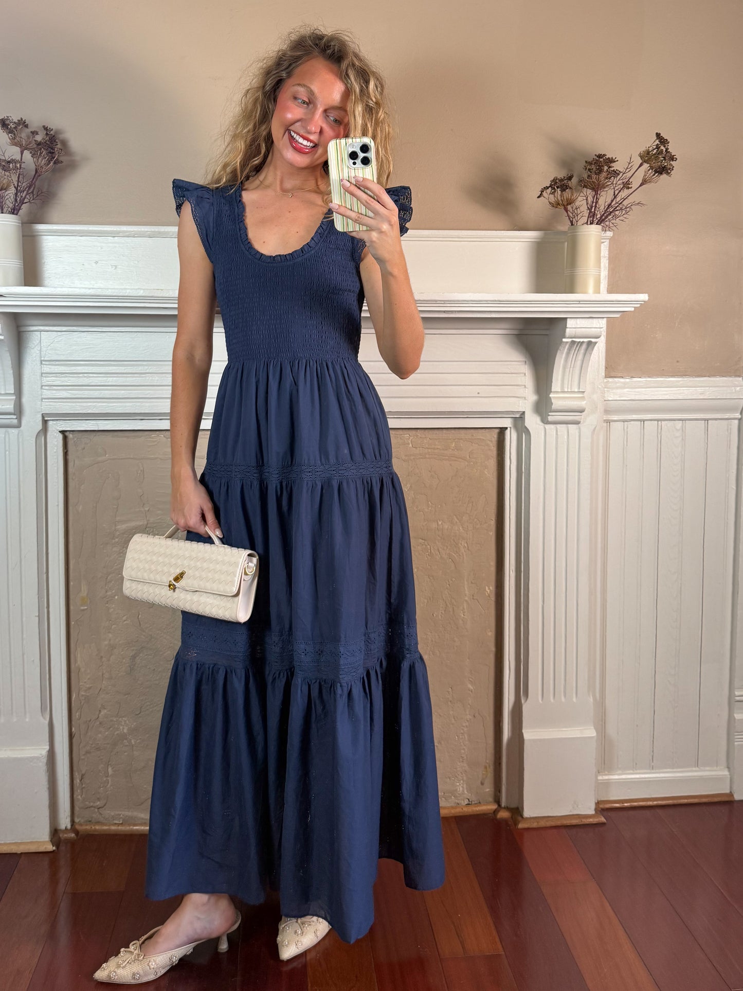 Navy Smocked Tiered Dress