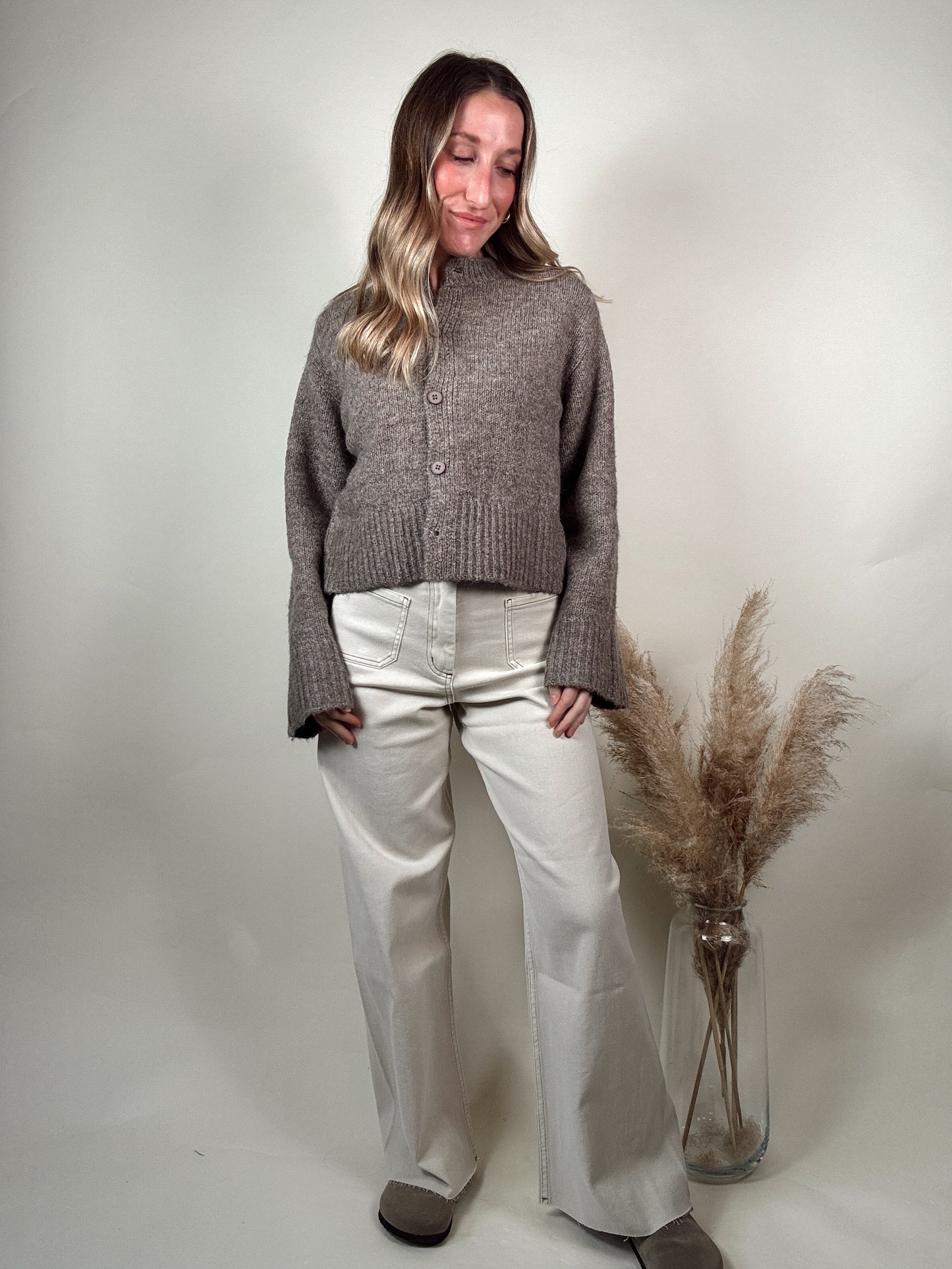 Washed Beige Wide Leg Denim Pants