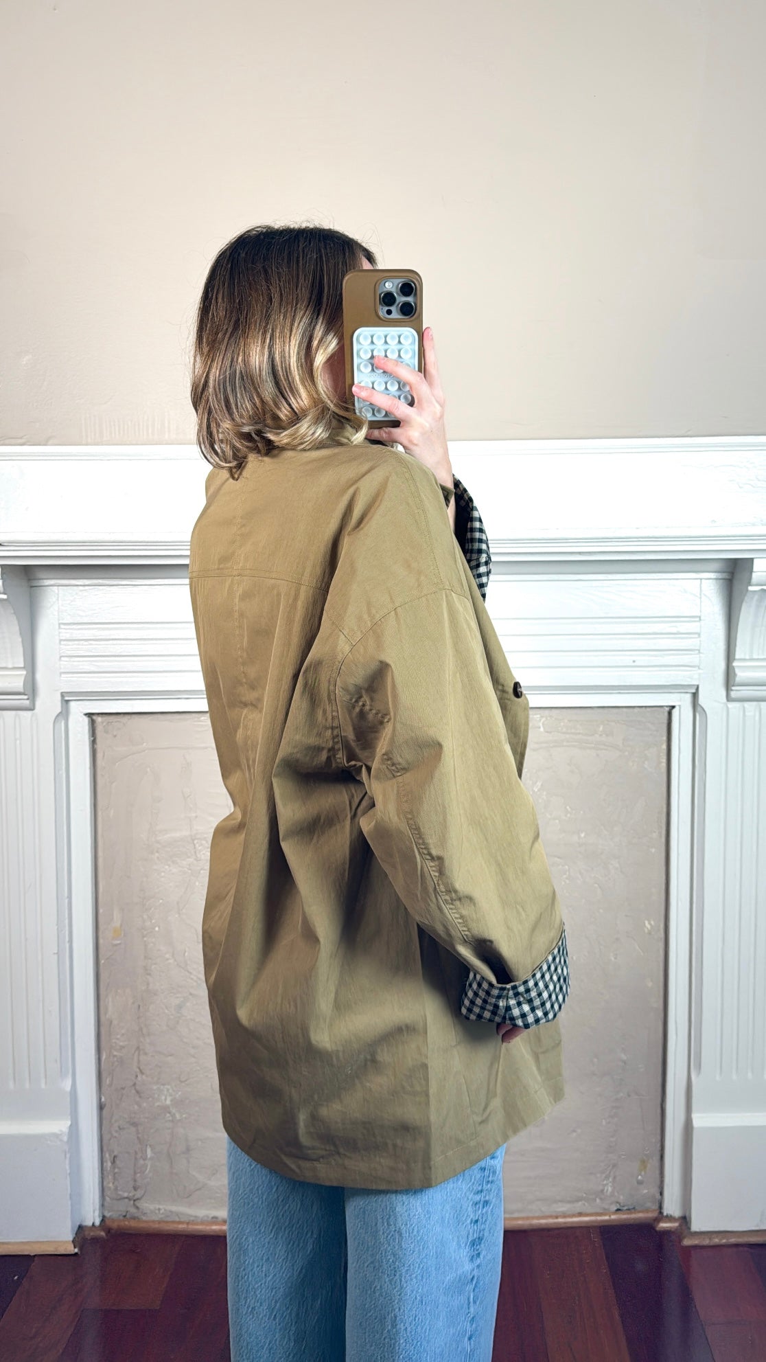 Plaid Lined Stand Collar Cotton Coat - Camel