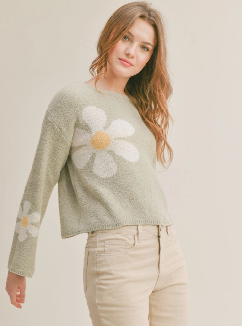 Flower Market Sweater  Flared sleeves Floral details 100% Polyester  Color: Pistachio Stay fashionable and warm in this Flower Market Sweater. This floral print sweater will be your go-to for every occasion. It's perfect for adding a touch of style to your wardrobe while staying comfortably cozy.