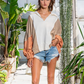 Outbound Oversized Contrast Top  Oversized Spread Collared V-Neck Contrast Top French-terry cotton fabric Spread collared V-neckline Contrast raw edge detail Elastic cuffs Oversized fit 74% Cotton, 26% Polyester Color: Cream/Taupe/Salmon