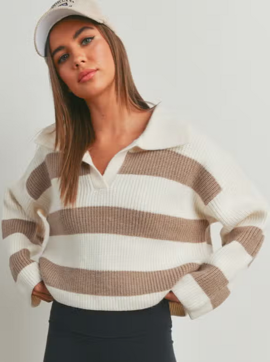 Latte Sweater  Collar Stripe Design Sweater 42% Acrylic, 28% Polyamide, 30% Polyester Color: Ivory/Taupe Stripe Drop Shoulder with Wide Collar Sweater - a perfect blend of comfort and style! This trendy sweater features eye-catching stripes and a chic wide collar, making a bold statement effortlessly.