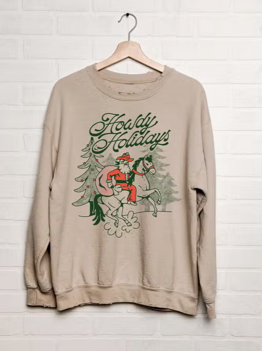 Howdy Holiday Christmas Thrifted Sweatshirt  Thrifted Distressed Sweatshirts Christmas Design 50% Cotton, 50% Polyester