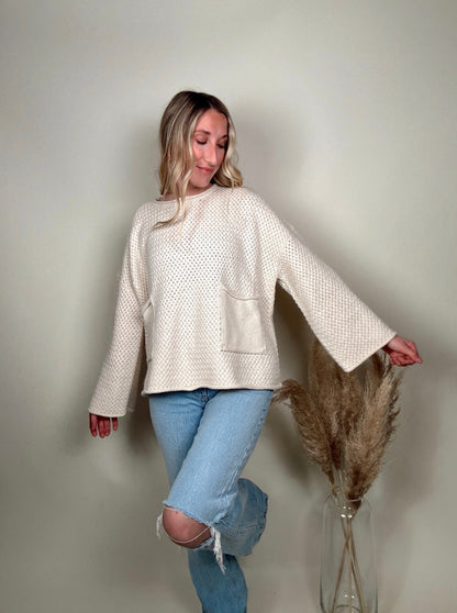 cream sweater, aesthetic sweater, simple sweater, front pockets