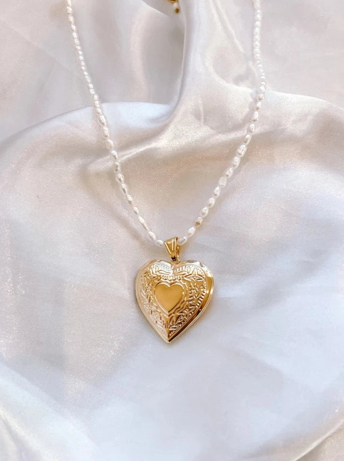 Mini Heart Locket Necklace - Fresh Water Pearls