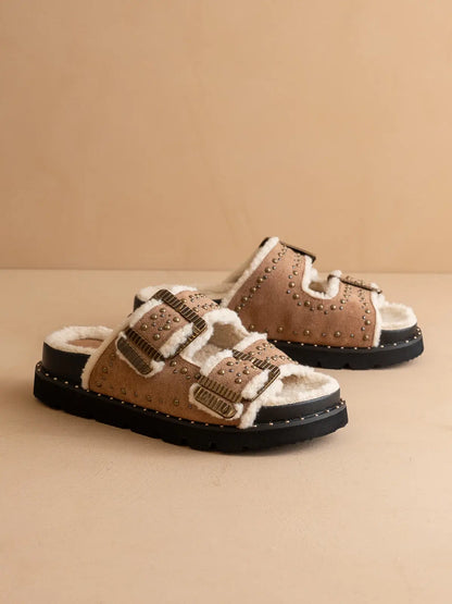 The Gaylen | Latte Studded Buckle Fleece Lined Slides