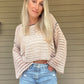 True Romance Open Knit Sweater - Taupe  Open Knit Sweater Tie Back  Crochet Top 53% Acrylic, 47% Nylon Color: Taupe Look stylish and feel relaxed with this taupe True Romance Open Knit Sweater. Crafted with a delicate crochet top, this sweater is the perfect piece to keep you comfortable and fashionable. The classic design makes it easy to pair with any outfit for a stunning look.