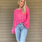 True Romance Open Knit Sweater - Pink  Open Knit Sweater Tie Back  Crochet Top 53% Acrylic, 47% Nylon Color: Pink Look stylish and feel relaxed with this pink True Romance Open Knit Sweater. Crafted with a delicate crochet top, this sweater is the perfect piece to keep you comfortable and fashionable. The classic design makes it easy to pair with any outfit for a stunning look.