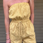 Honey Tube Jumpsuit - Honey Gold  Tube Jumpsuit Drawstring elastic waist  Pockets 80% Cotton, 10% Linen, 10% Polyester  Color: Honey Gold