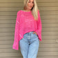 True Romance Open Knit Sweater - Pink  Open Knit Sweater Tie Back  Crochet Top 53% Acrylic, 47% Nylon Color: Pink Look stylish and feel relaxed with this pink True Romance Open Knit Sweater. Crafted with a delicate crochet top, this sweater is the perfect piece to keep you comfortable and fashionable. The classic design makes it easy to pair with any outfit for a stunning look.