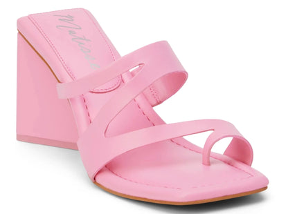 Vegan, heeled sandal with asymmetrical upper and triangular heel, pink heels, pink shoes