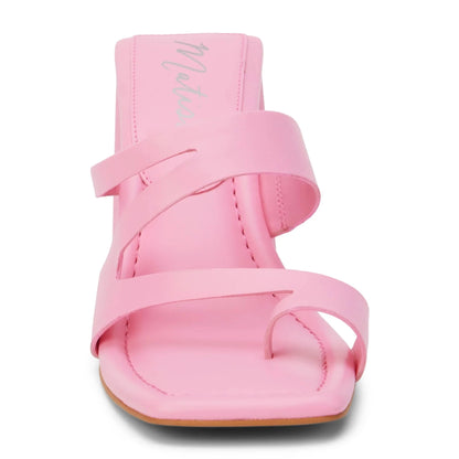 Vegan, heeled sandal with asymmetrical upper and triangular heel, pink heels, pink shoes