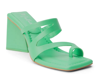 Oslo Heeled Sandal - Green Vegan, heeled sandal with asymmetrical upper and triangular heel Synthetic leather upper