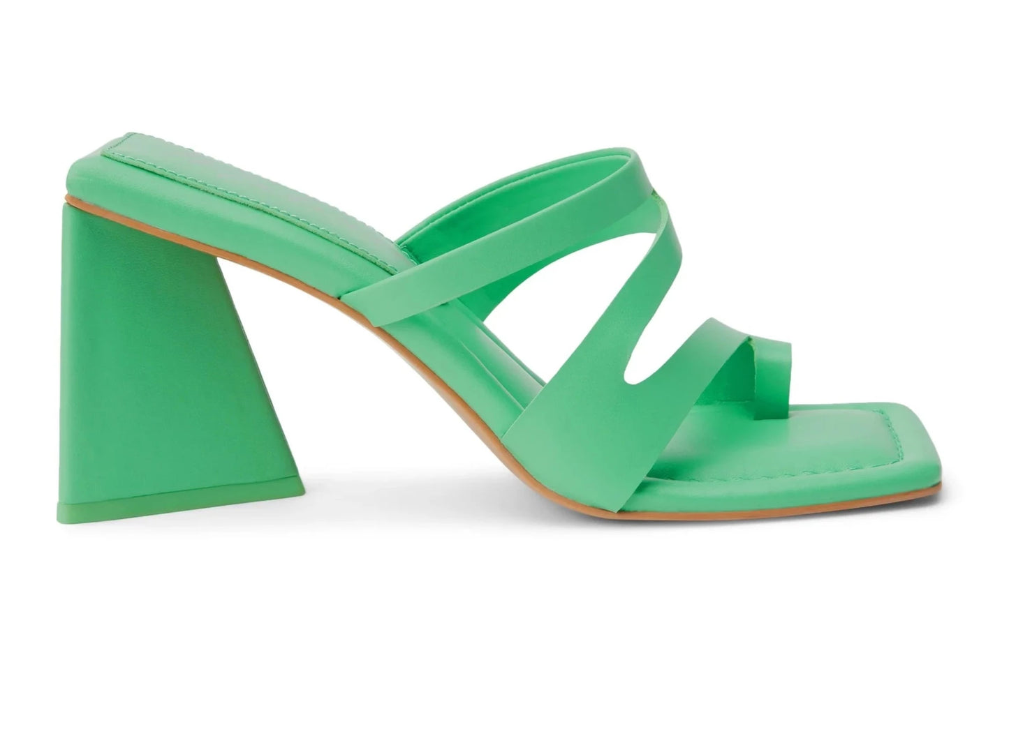 Oslo Heeled Sandal - Green Vegan, heeled sandal with asymmetrical upper and triangular heel Synthetic leather upper