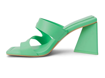 Oslo Heeled Sandal - Green Vegan, heeled sandal with asymmetrical upper and triangular heel Synthetic leather upper