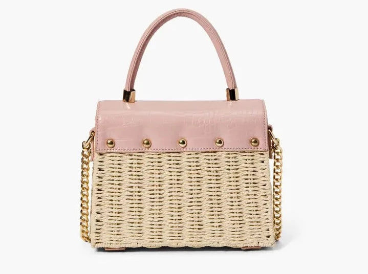 A chic mini satchel shoulder purse composed of a sturdy woven straw body. Also incorporates faux croc vegan leather detailing on the front flap and structured single top handle.