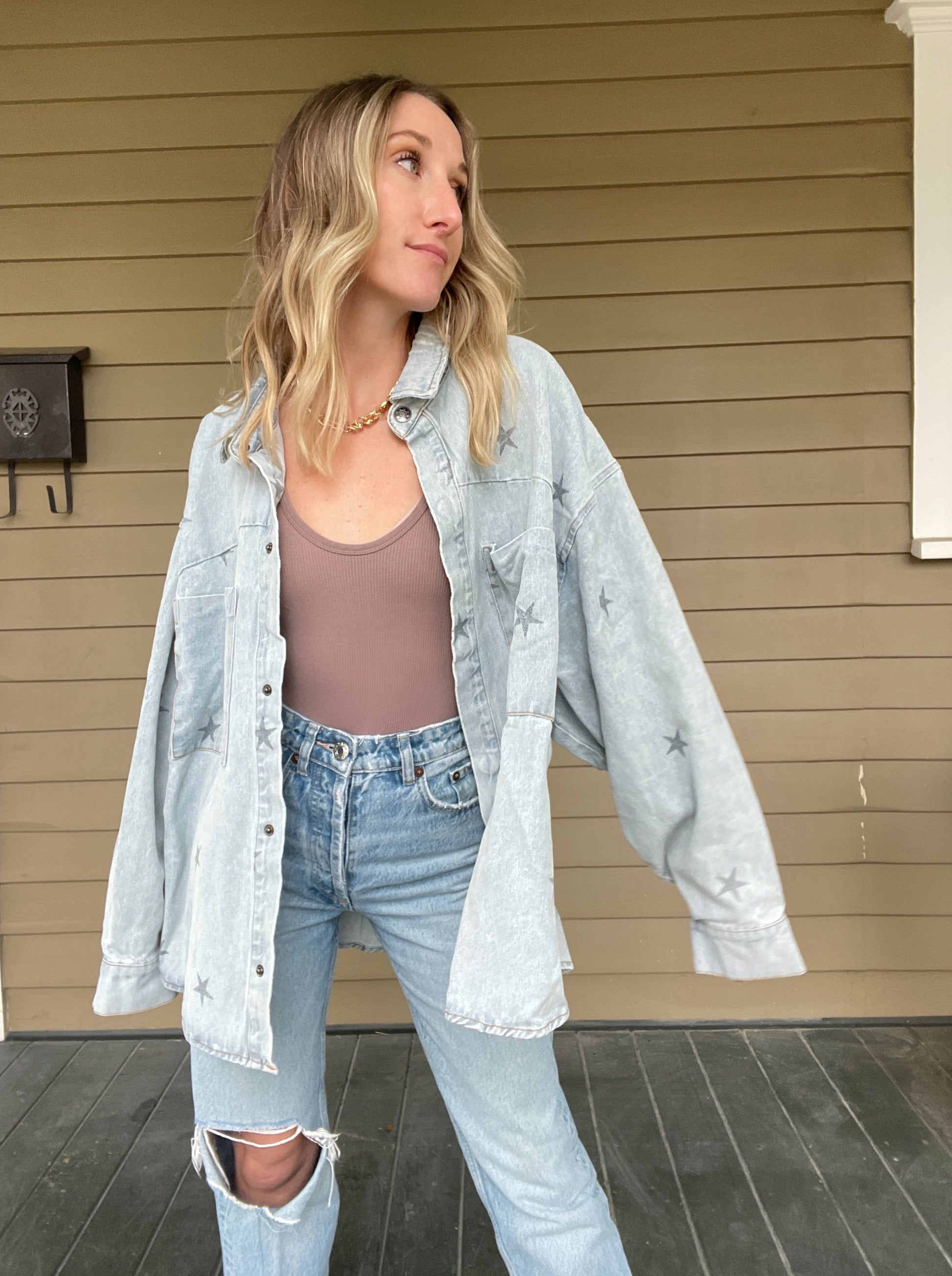 Star Print Washed Denim Shirt Jacket Shacket