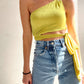 One shoulder crop top with ring shoulder detail, side cutout and tie