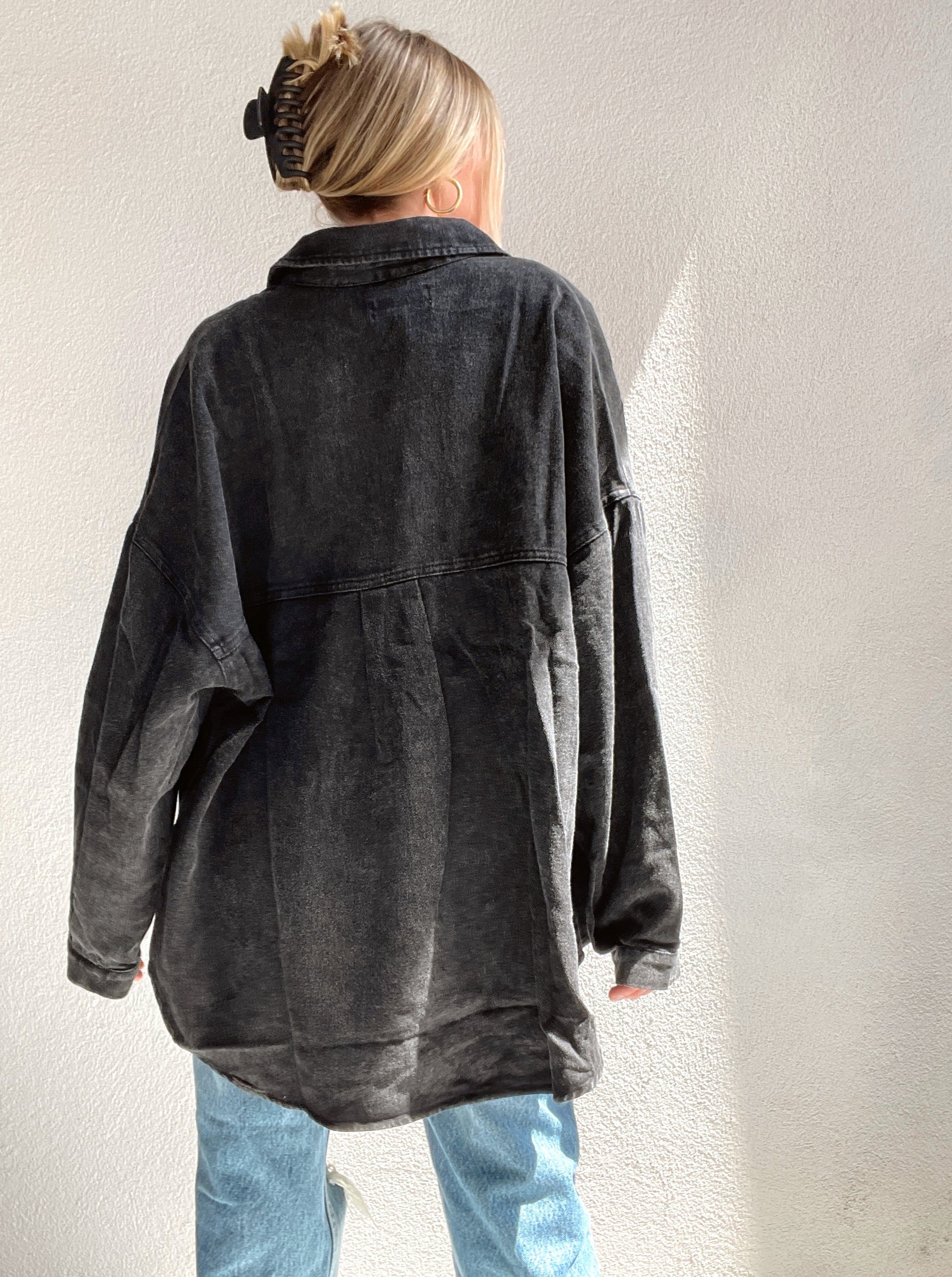 Washed Denim Long Sleeve Tunic Jacket Button Down