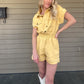 Shooting Start Romper - Mango  Denim Romper Scrunch waist Pockets 97% Cotton, 3% Spandex Color: Mango