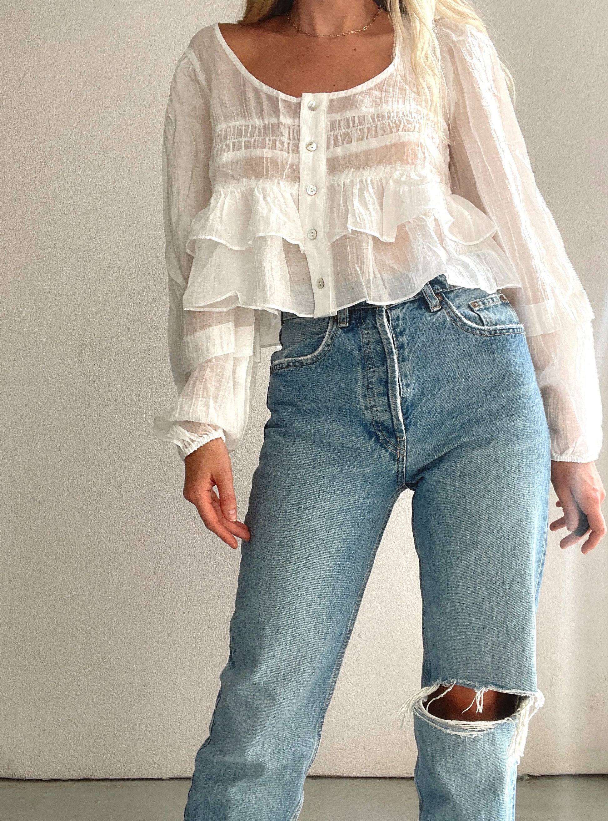 Long Sleeve See-through Top With Buttons
